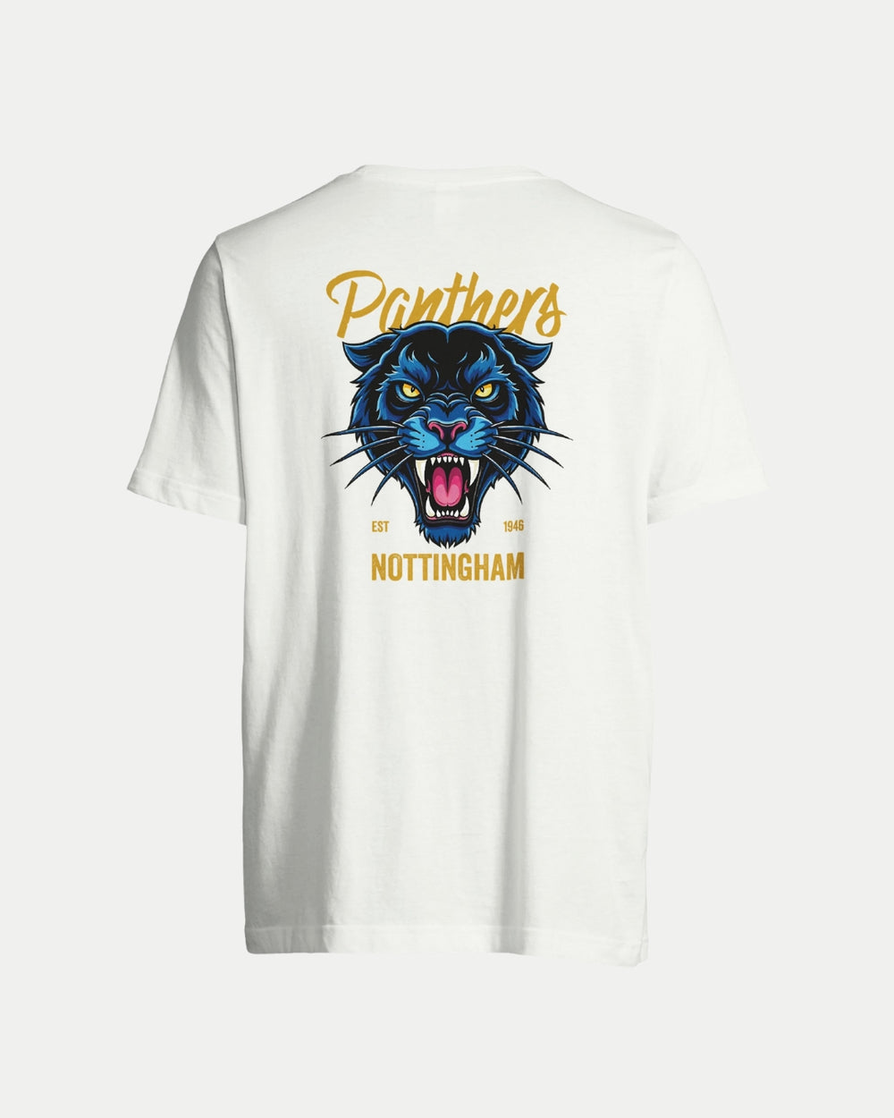 The Made To Order Panthers Graphic T-Shirt White by Nottingham Panthers features a bold blue panther graphic, yellow Panthers above, NOTTINGHAM EST 1946 below, and is an eco-conscious choice thats stylish and sustainable.