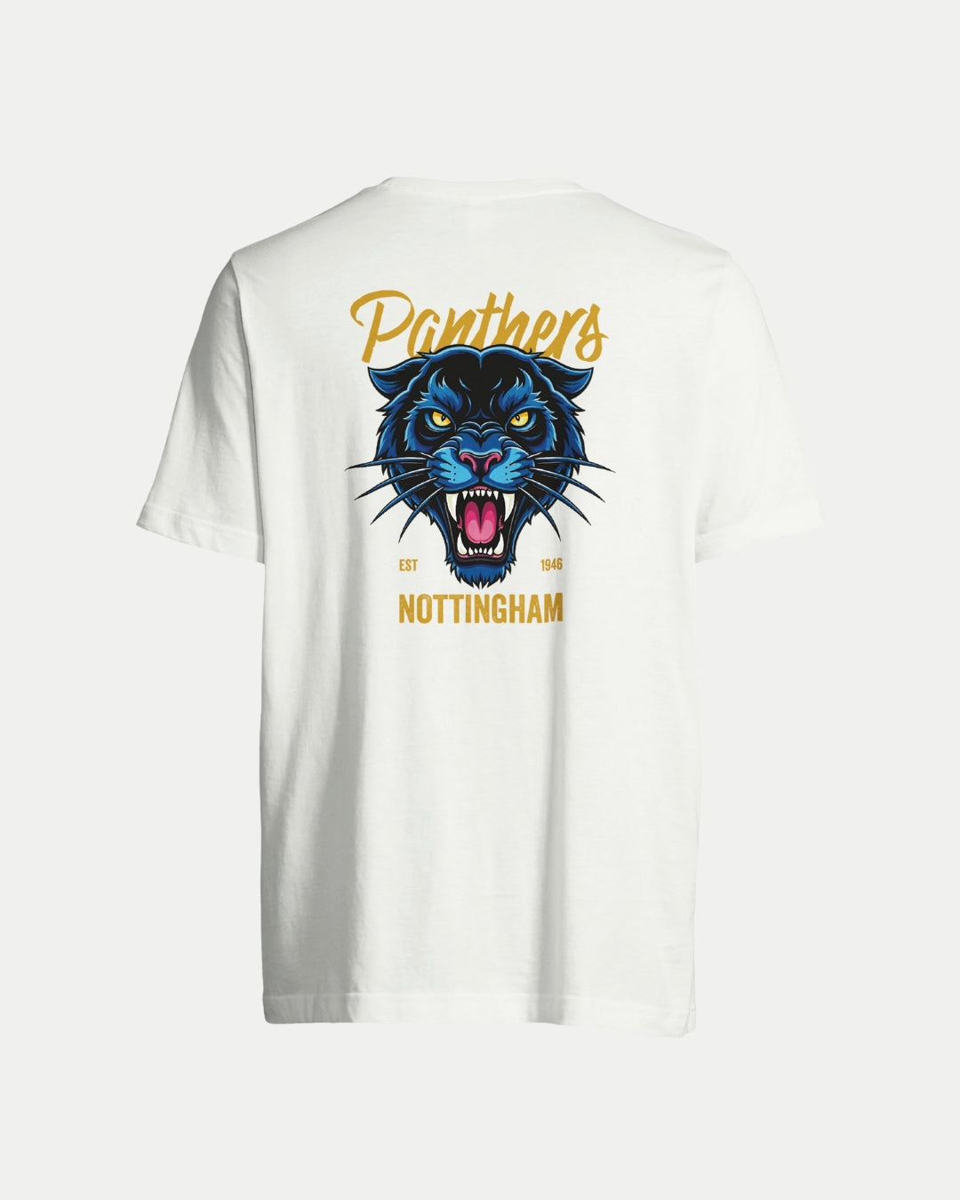 The Made To Order Panthers Graphic T-Shirt White by Nottingham Panthers features a bold blue panther graphic, yellow Panthers above, NOTTINGHAM EST 1946 below, and is an eco-conscious choice thats stylish and sustainable.