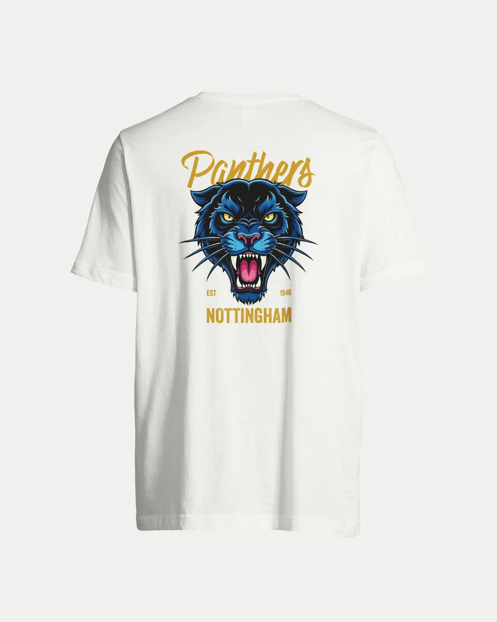 The Made To Order Panthers Graphic T-Shirt White by Nottingham Panthers features a bold blue panther graphic, yellow Panthers above, NOTTINGHAM EST 1946 below, and is an eco-conscious choice thats stylish and sustainable.