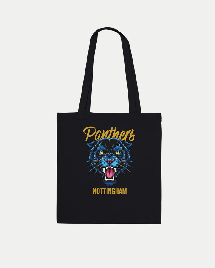 The Made To Order Panthers Graphic Tote Bag Black by Nottingham Panthers features Panthers in yellow above a blue snarling panther and Nottingham in white—an eco-conscious, stylish 100% cotton tote for devoted fans.