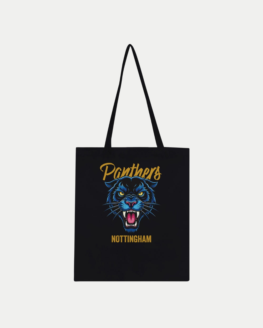 The Nottingham Panthers Made To Order Graphic Tote Bag Black is a 100% cotton, eco-friendly tote with a bold blue panther head, Panthers in yellow script above, and Nottingham in white caps below.