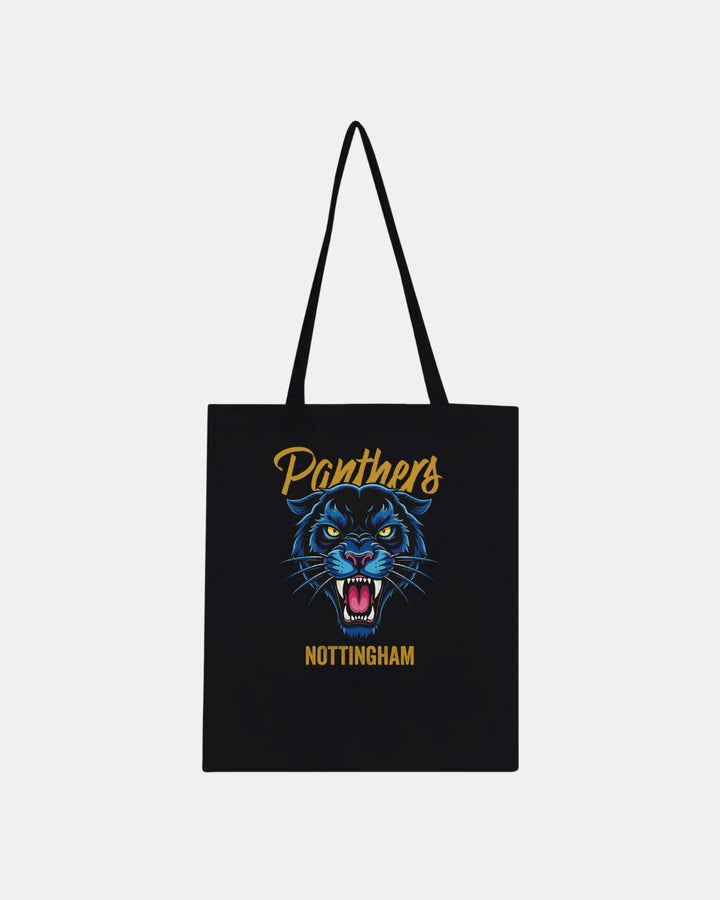 The Nottingham Panthers Made To Order Graphic Tote Bag Black is a 100% cotton, eco-friendly tote with a bold blue panther head, Panthers in yellow script above, and Nottingham in white caps below.