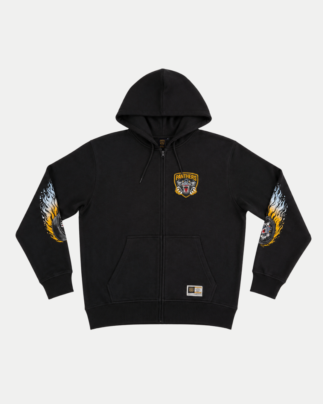 The Panthersland 26-27 Puck Zip Hoodie is a black relaxed-fit zip hoodie featuring a bold Panthers patch on the chest and striking flame graphics down both sleeves. Designed with a drawstring hood for comfort and style, this hoodie also includes a small rectangular patch near the bottom hem—perfect for showing off your team spirit all season long.