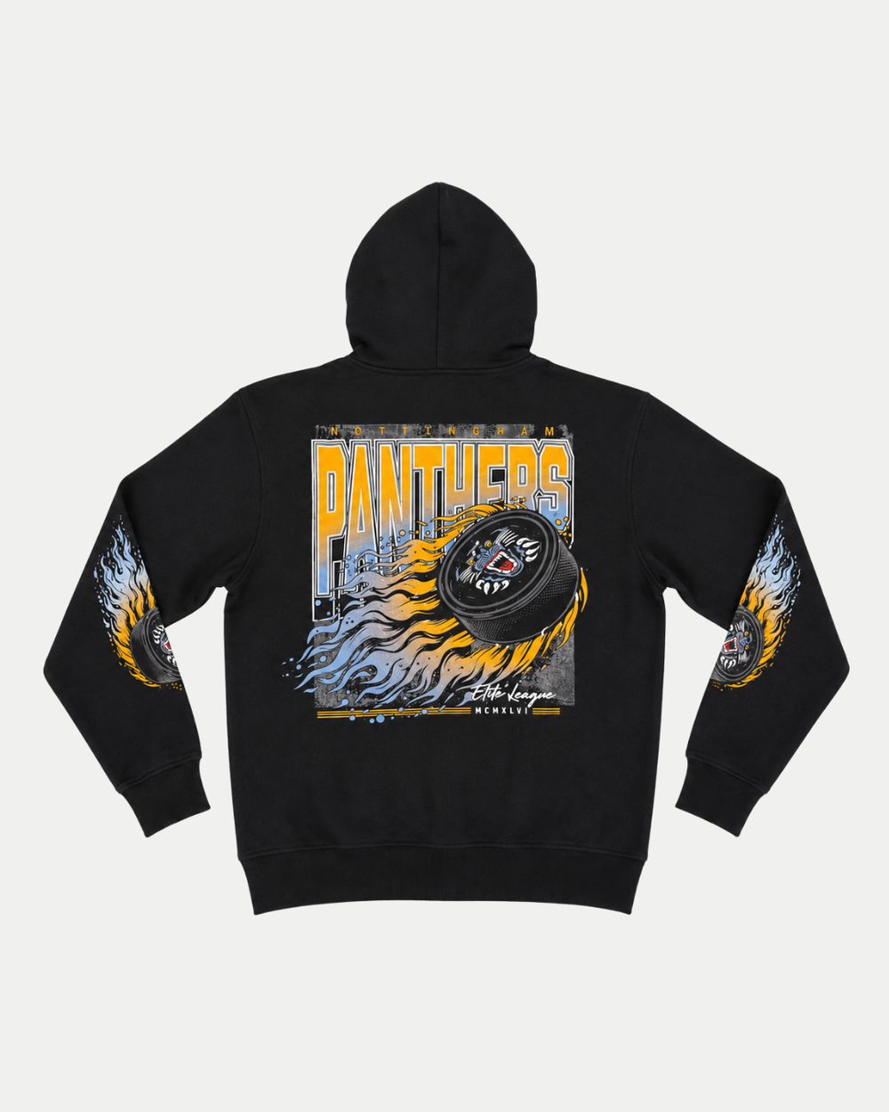Show off your Panthers pride with the Panthersland 26-27 Puck Zip Hoodie. This relaxed-fit, black zip hoodie features bold yellow “PANTHERS” lettering across the back, highlighted by a dynamic flaming hockey puck and vibrant arena graphics. Matching flaming puck designs run along the sleeves, making it an essential pick for any dedicated fan.