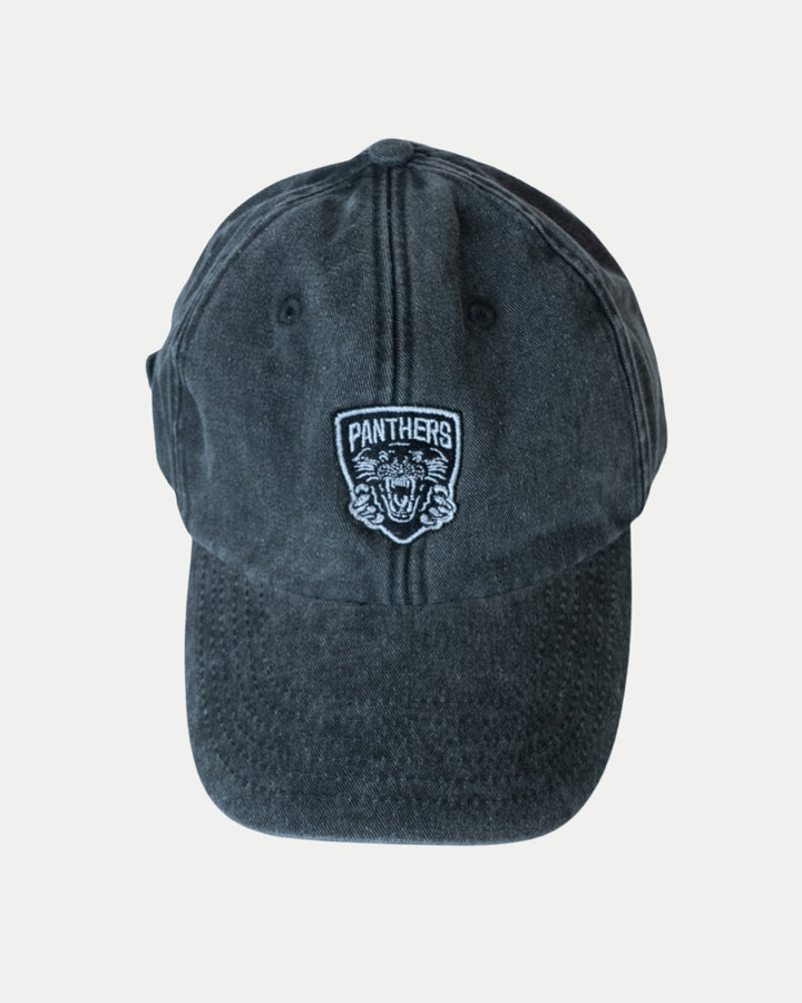 The Nottingham Panthers Made To Order Vintage Cotton Dad Hat in vintage black features a white embroidered Panthers patch with an illustrated panther head, shown against a plain white background.