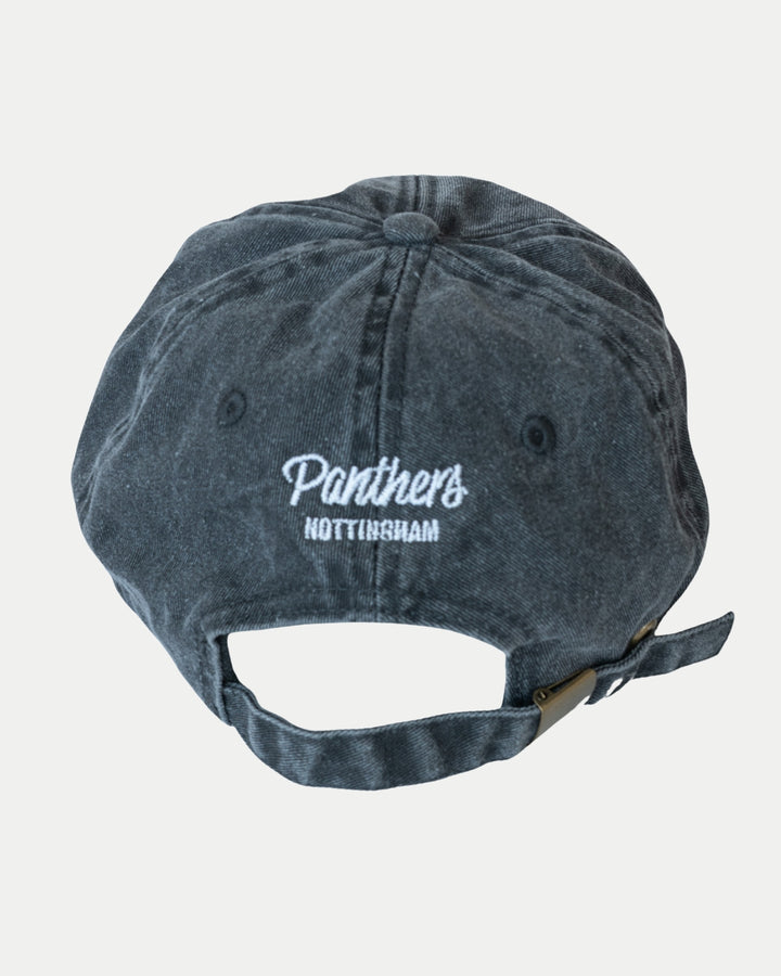 The Nottingham Panthers Made To Order Vintage Cotton Panthers Dad Hat in vintage black features white Panthers Nottingham embroidery above an adjustable strap with metal clasp, offering a classic, customizable look.