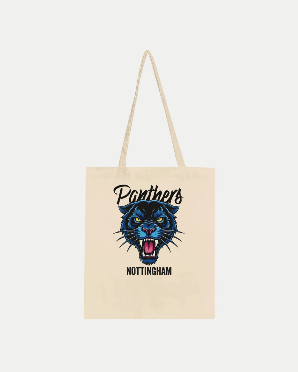 The Made To Order Panthers Graphic Tote Bag Natural by Nottingham Panthers is a beige, 100% cotton tote with long handles, featuring a roaring blue panther face and Panthers above, Nottingham below the illustration on the front.