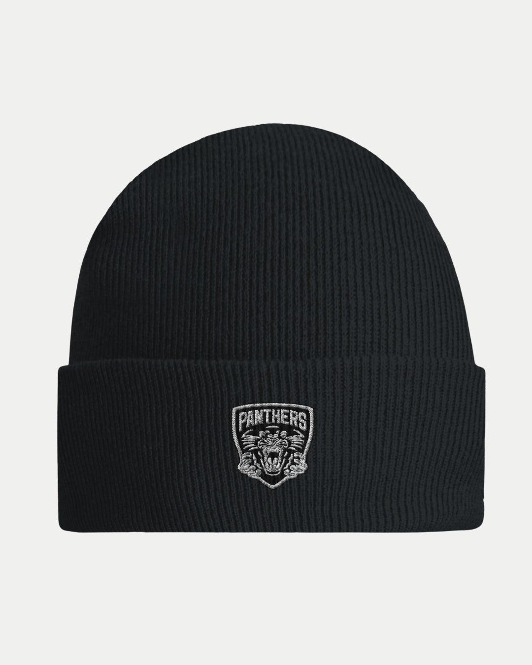 The Made To Order Panthers Logo Cuffed Beanie Black by Nottingham Panthers features a ribbed design, folded brim, and embroidered panther head patch with PANTHERS on the front—perfect for fans.