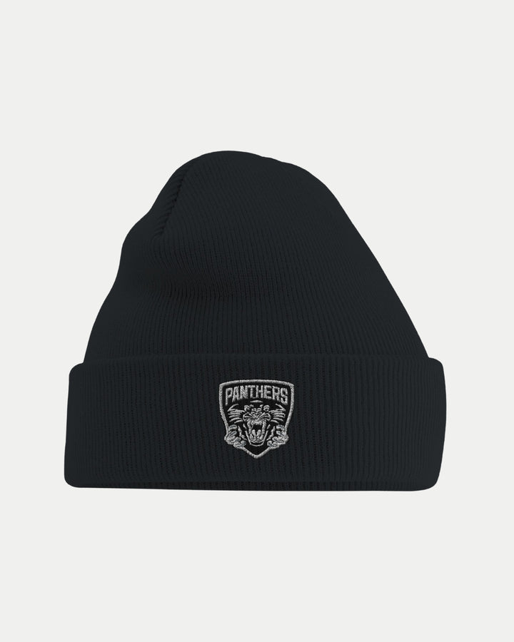 The Made To Order Panthers Logo Cuffed Beanie Black by Nottingham Panthers features a folded brim and front embroidered panther head patch with PANTHERS in white—your perfect, go-to fan accessory.