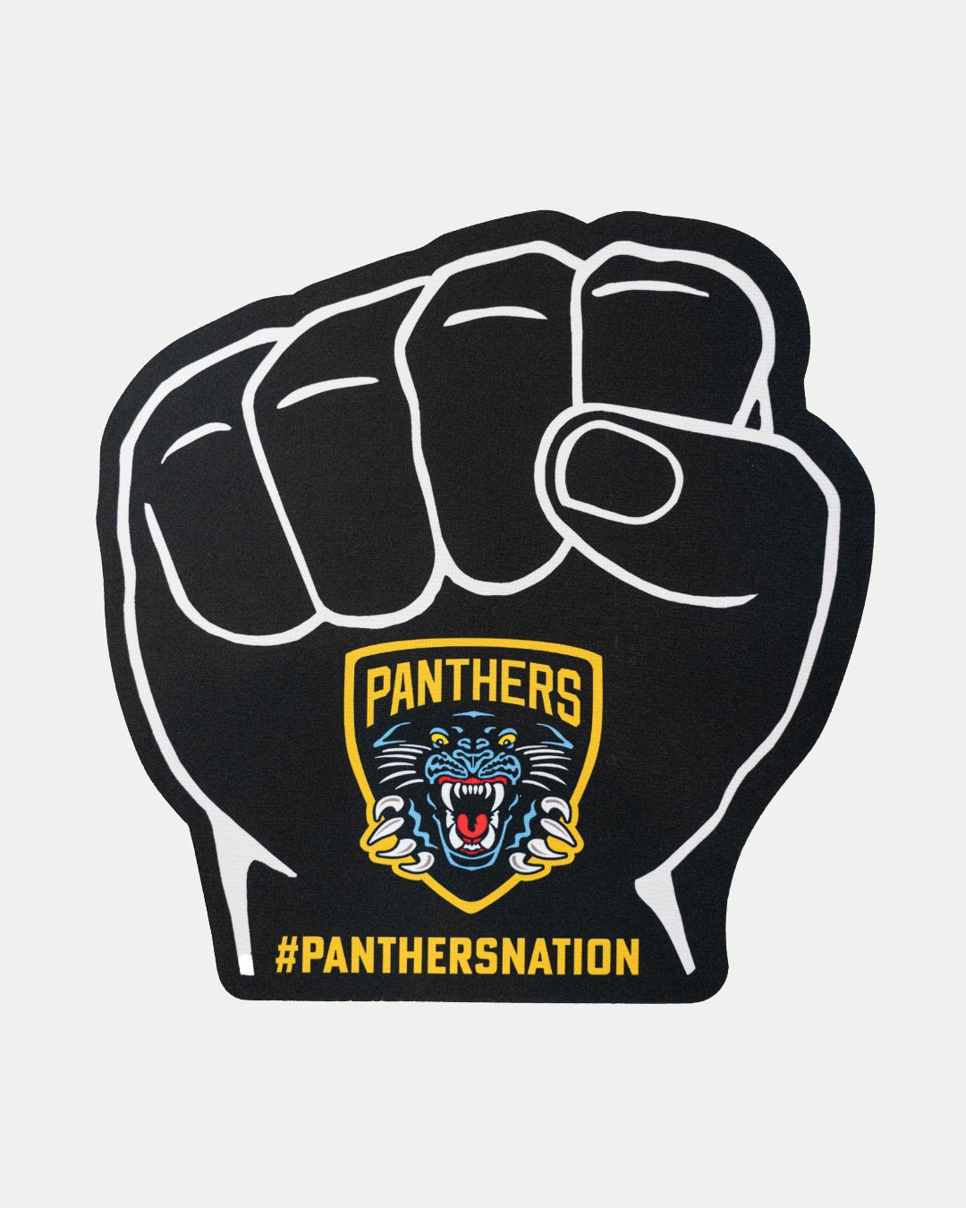 The Nottingham Panthers Foam Fist by Panthersland is a large black and white foam fist with the team logo and #PANTHERSNATION on the wrist, boldly displayed against a clean white background.