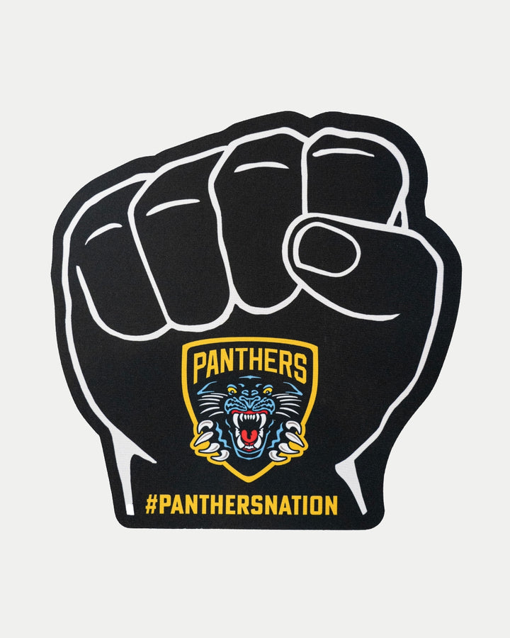 The Nottingham Panthers Foam Fist by Panthersland is a large black and white foam fist with the team logo and #PANTHERSNATION on the wrist, boldly displayed against a clean white background.