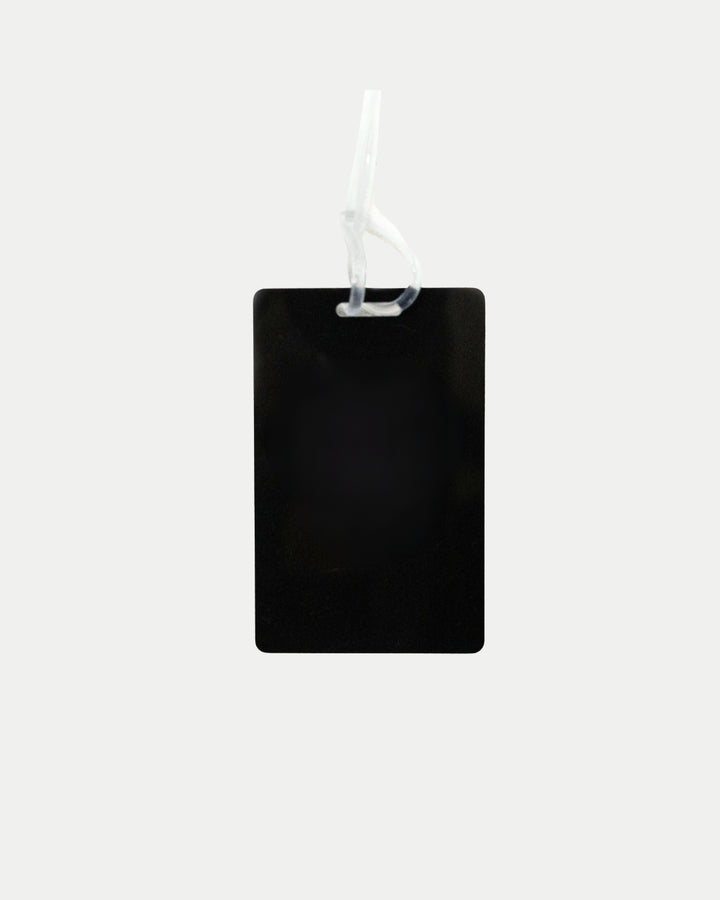 The Nottingham Panthers Logo Luggage Tag by Panthersland, featuring rounded corners and a clear plastic loop, is shown against a light gray background.