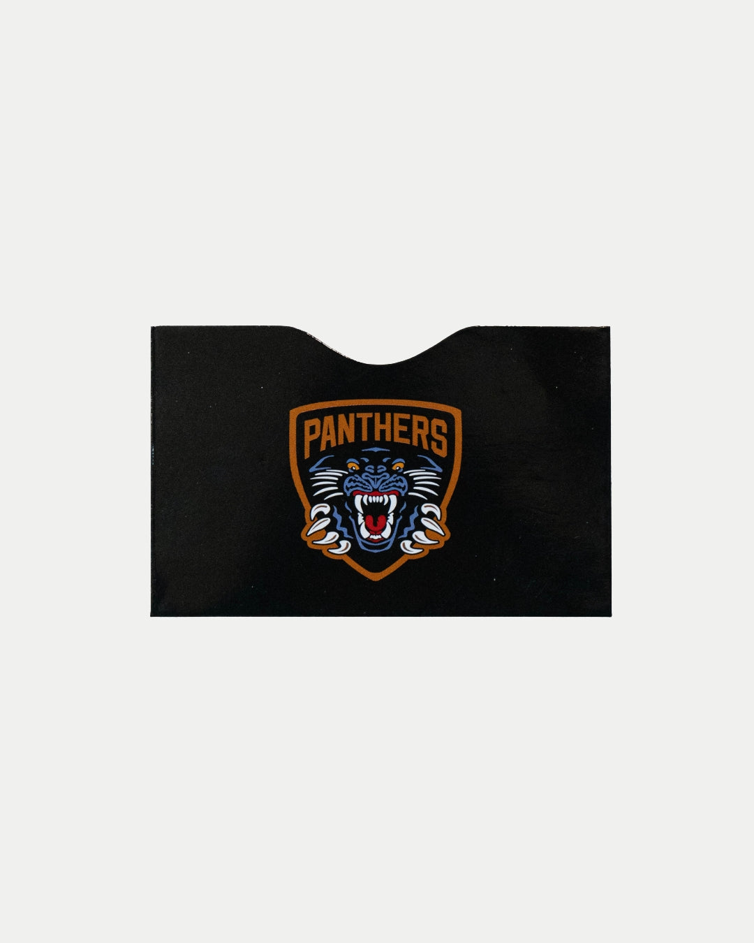 The Nottingham Panthers Logo RFID Card Holder by Panthersland is a sleek black holder featuring a bold shield emblem with Panthers above a roaring panther’s head—a powerful and stylish accessory.