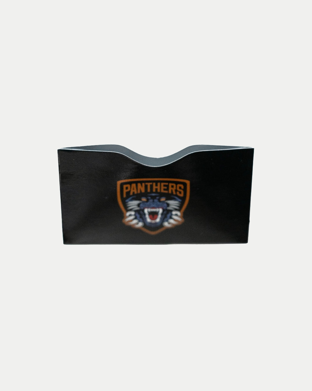 The Panthersland Nottingham Panthers Logo RFID Card Holder features a sleek black design with an illustrated roaring panther and bold orange PANTHERS text inside a shield-shaped logo on the front.
