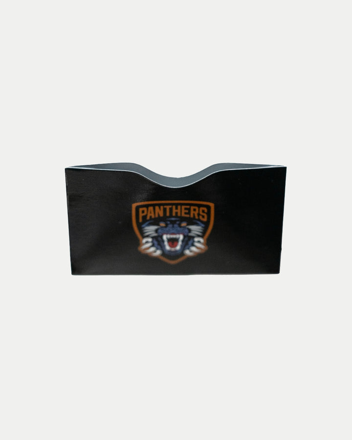 The Panthersland Nottingham Panthers Logo RFID Card Holder features a sleek black design with an illustrated roaring panther and bold orange PANTHERS text inside a shield-shaped logo on the front.