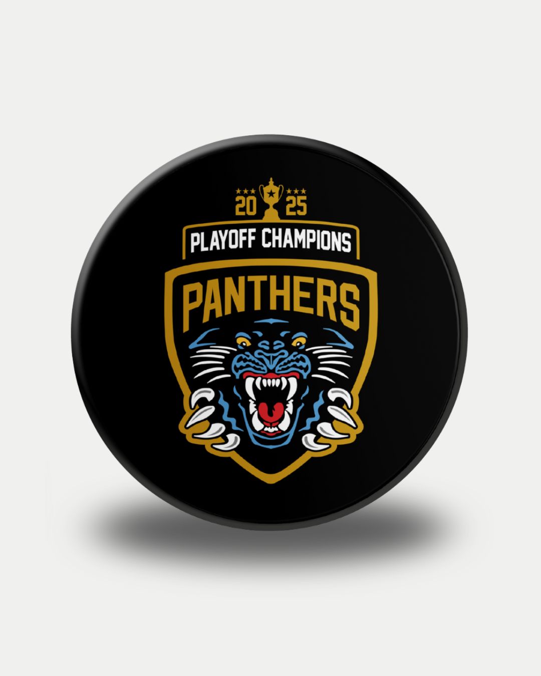 The Panthersland Panthers 2025 Playoff Champions Puck is black, showcasing a fierce panther logo, PANTHERS and PLAYOFF CHAMPIONS, plus a gold 2025 with a trophy icon above the text.