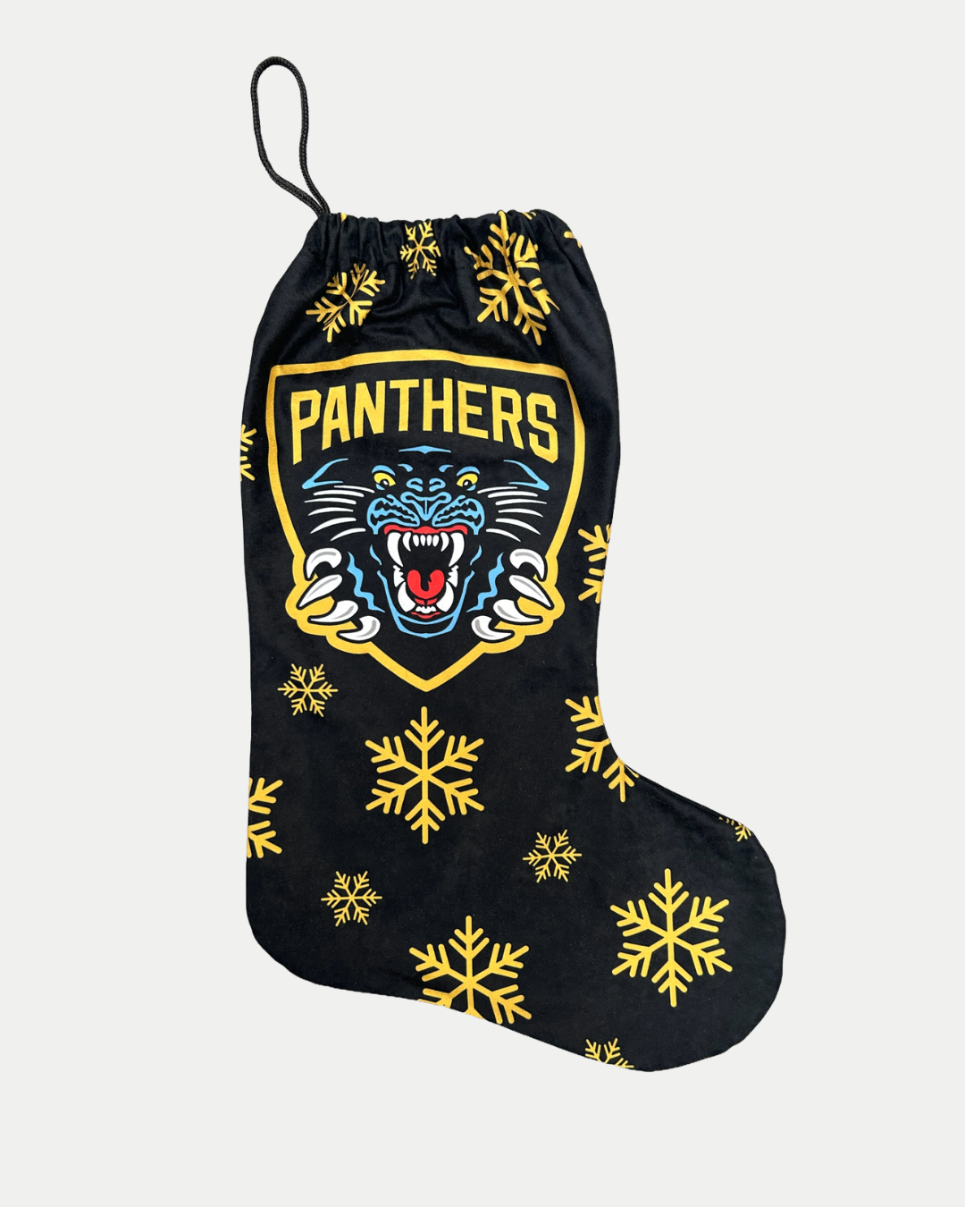 The Panthersland Nottingham Panthers 2025 Christmas Stocking is black velveteen with gold snowflakes and a bold roaring panther logo on the front.