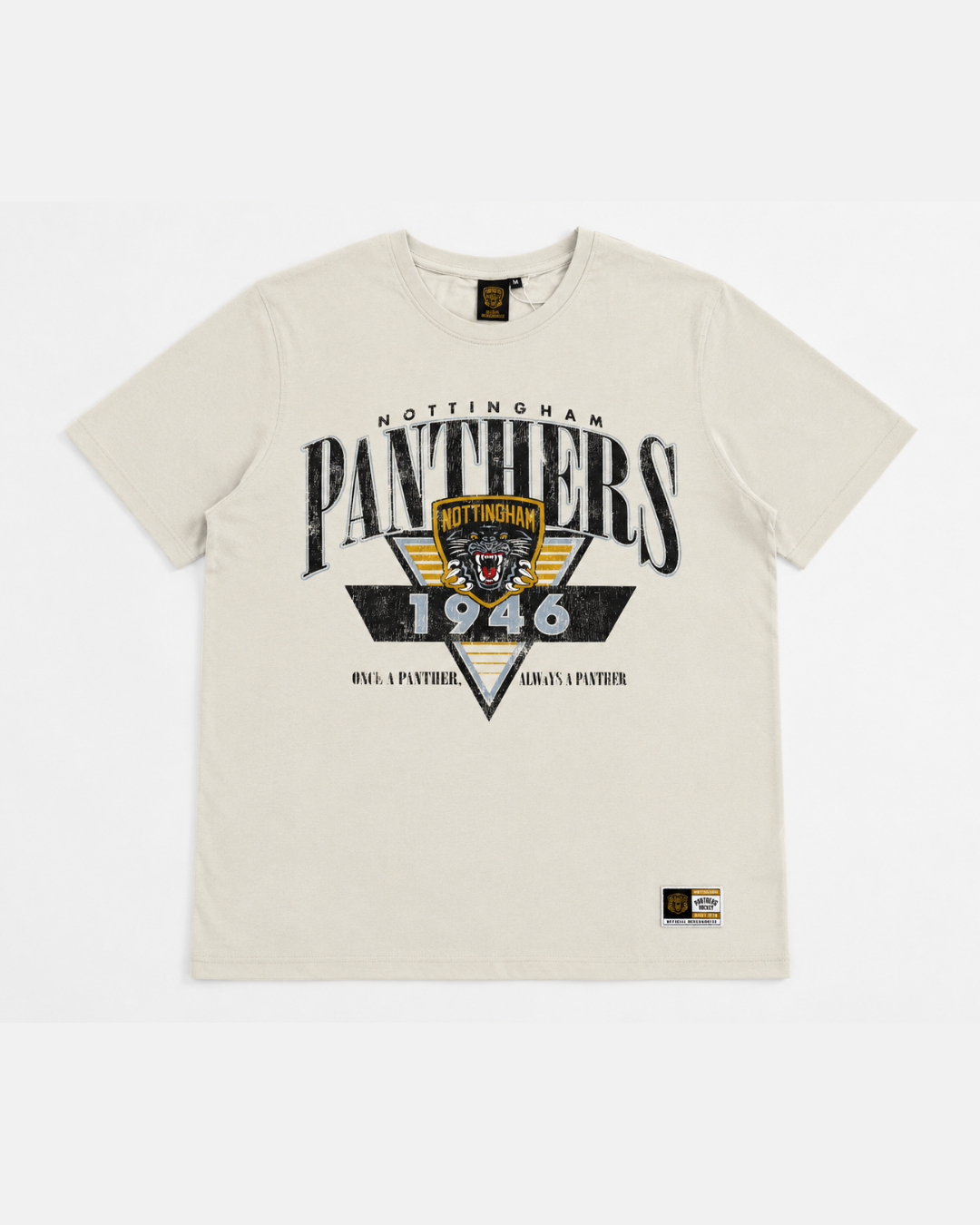 The 26-27 Vintage T-Shirt by Panthersland is a beige Nottingham Panthers shirt featuring a triangular logo, panther graphic, “1946,” and the slogan “OWN A PANTHER. ALWAYS A PANTHER.”—laid flat on a white background, it’s perfect for fans seeking that classic vintage Panthers look.