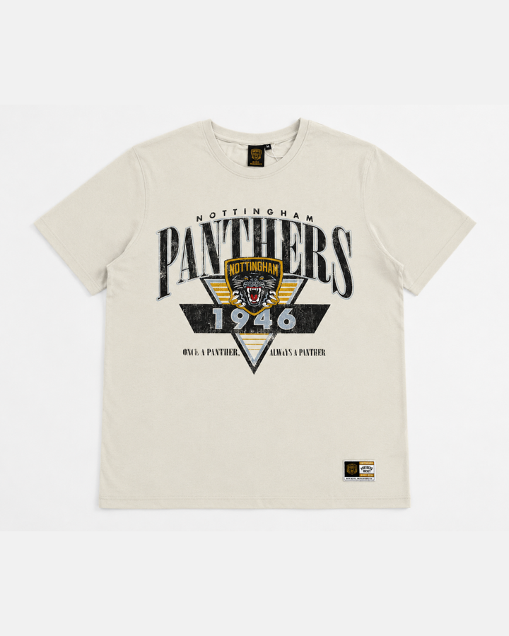 The 26-27 Vintage T-Shirt by Panthersland is a beige Nottingham Panthers shirt featuring a triangular logo, panther graphic, “1946,” and the slogan “OWN A PANTHER. ALWAYS A PANTHER.”—laid flat on a white background, it’s perfect for fans seeking that classic vintage Panthers look.