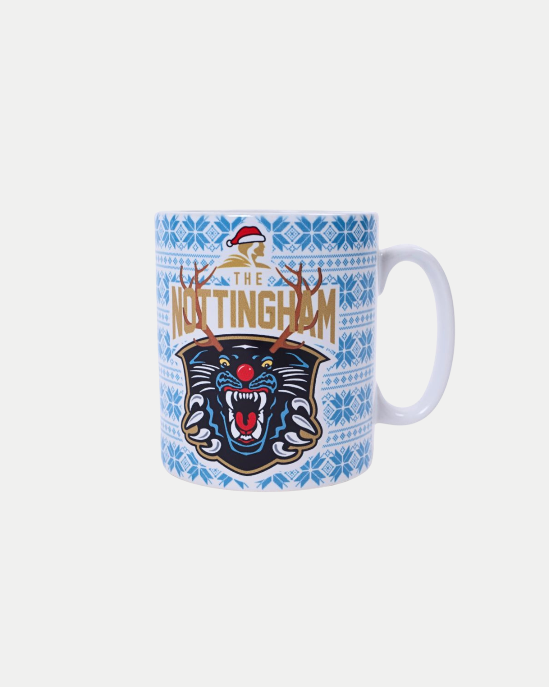 The Nottingham Panthers Blue & White Christmas Mug features a blue snowflake pattern, a stylized panther head with antlers and Santa hat, "The Nottingham" in gold, and is perfect for a festive season. From The Nottingham Panthers brand.