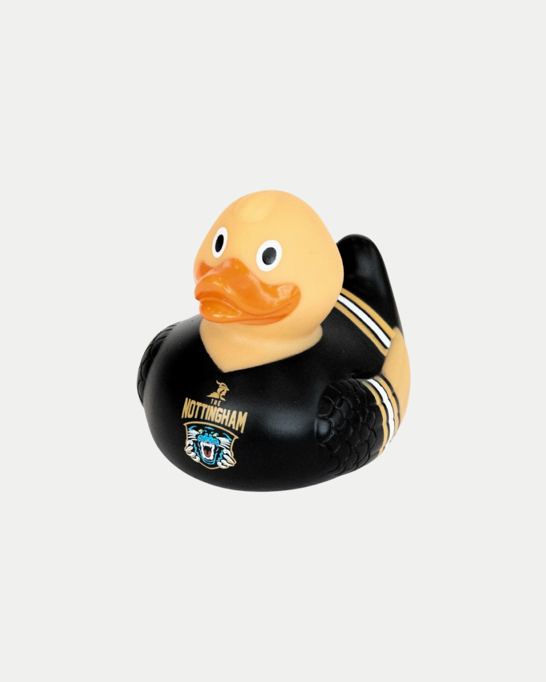 The Nottingham Panthers Rubber Duck wears a black shirt with the team logo and yellow and white sleeve stripes, displayed on a plain white background.