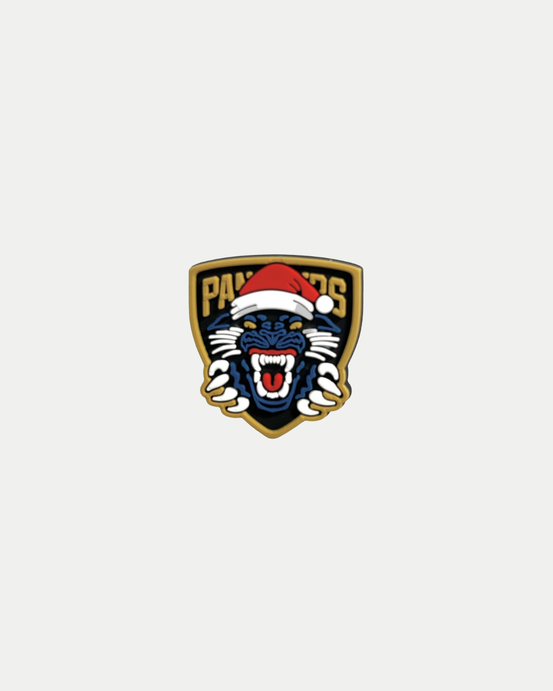 Panthersland's Nottingham Panthers Santa Crest Croc Charm features a roaring blue panther in a red Santa hat, "PANTHERS" in gold above its head, all on a shield-shaped background—perfect for festive fan style.