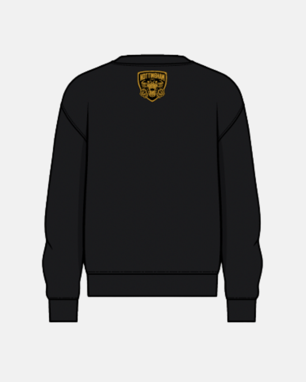 The Panthersland 26-27 Black Script Crewneck is a black long sleeve crewneck sweatshirt shown from the back, highlighted by a small gold Nottingham Panthers crest with two lions and a banner near the upper neckline—a perfect pick for hockey fans.
