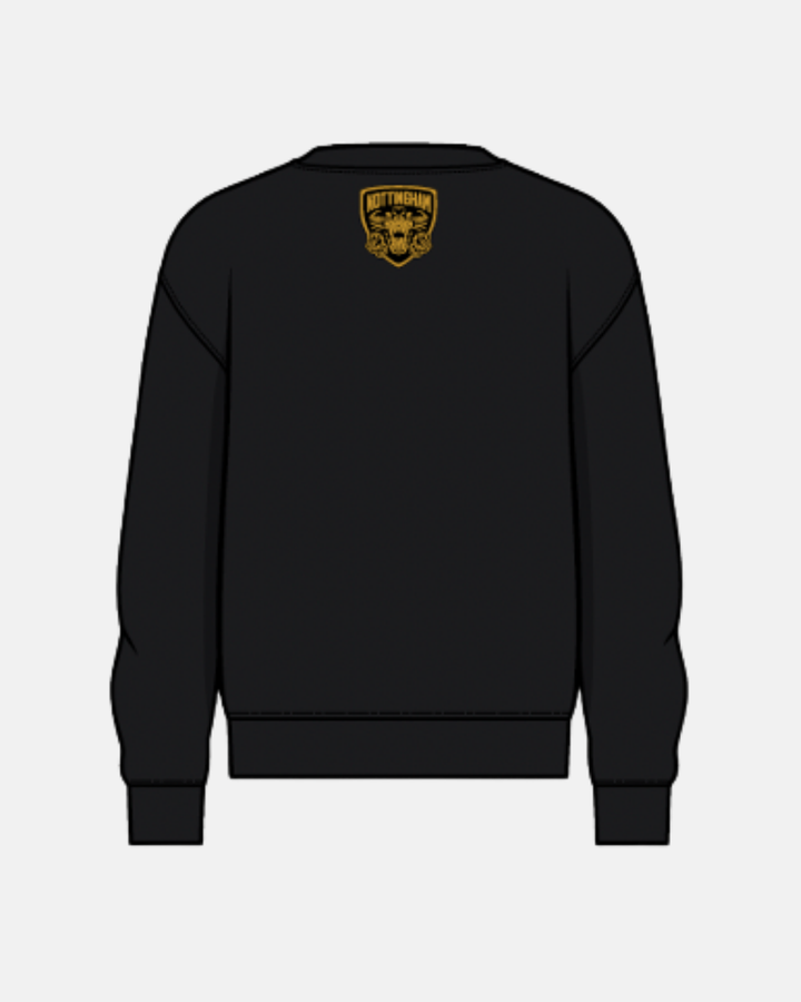 The Panthersland 26-27 Black Script Crewneck is a black long sleeve crewneck sweatshirt shown from the back, highlighted by a small gold Nottingham Panthers crest with two lions and a banner near the upper neckline—a perfect pick for hockey fans.
