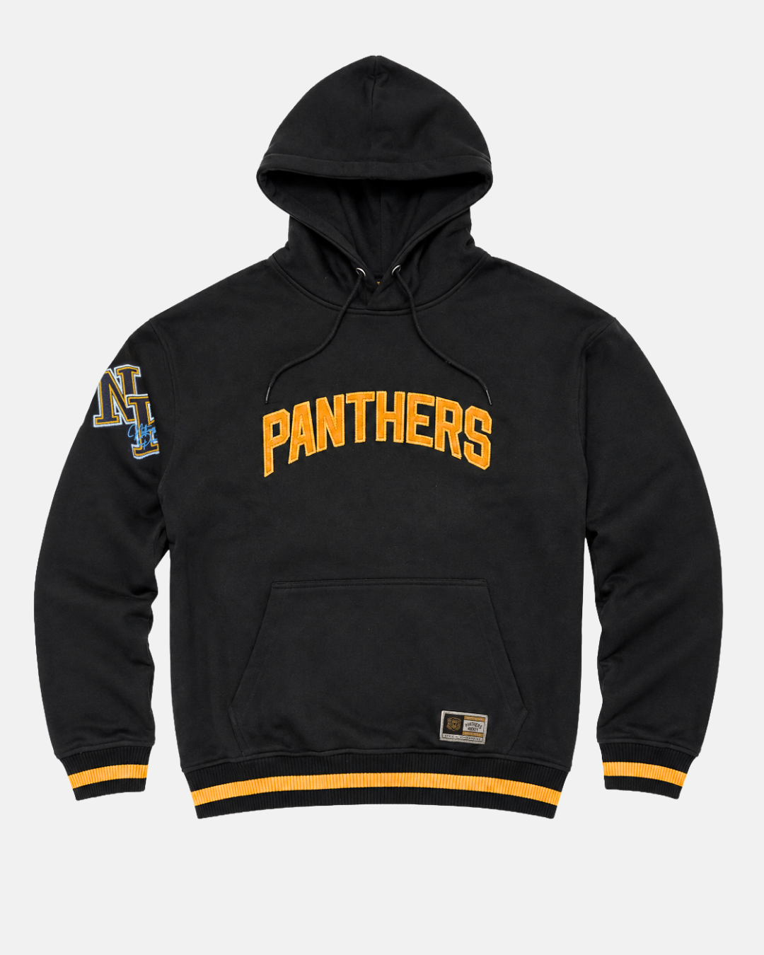 Rep the Panthers in classic style with the Panthersland 26-27 NP Signature Hoodie—featuring “PANTHERS” in bold yellow across the front, a roomy hood with drawstrings, front pocket, striped yellow cuffs and hem, and a distinctive blue-and-yellow patch on the left sleeve.