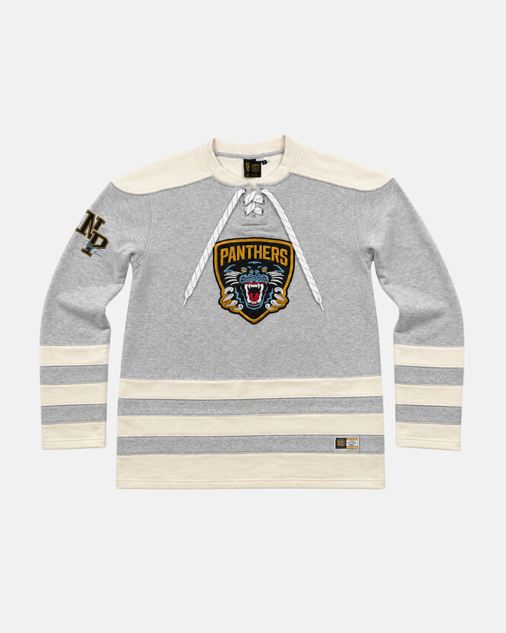 Introducing the Panthersland 26-27 Grey Lace Crewneck: a gray and cream hockey-style sweatshirt featuring a bold twill crest logo with a large Panthers tiger design on the front, lace neck detail at the collar, NP patch on the left sleeve, and classic cream stripes on the sleeves and lower body.