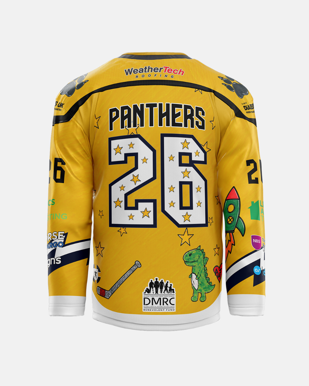 The Nottingham Panthers 2026/27 Classic Team Replica Kids Takeover Jersey features a vibrant yellow design with PANTHERS 26 on the back, playful star patterns, cartoon rocket, dinosaur, and bat graphics, plus multiple sponsor logos on the sleeves and lower back—making it an official standout addition to any young fan’s collection.