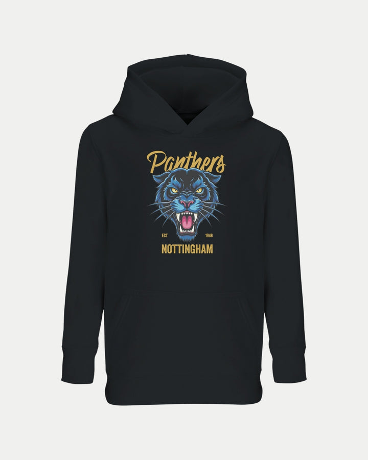 The Nottingham Panthers Made To Order Panthers Graphic Pullover Hoodie in black features a blue panther head graphic, Panthers and EST 1946 NOTTINGHAM in yellow, and offers a unisex fit for comfort and style.