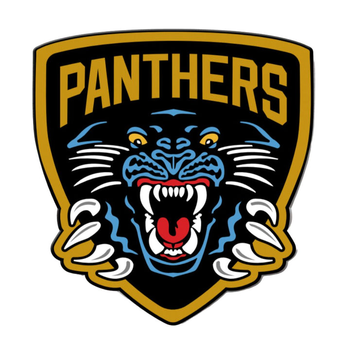 A shield-shaped logo for The Nottingham Panthers Air Freshener shows PANTHERS in bold gold above a roaring black panther with bared teeth and claws, outlined in gold, black, white, and blue—ideal for standout branding.