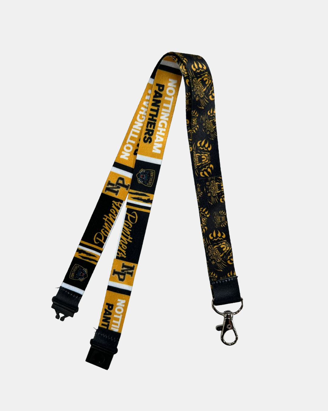 The Panthersland Nottingham Panthers 26-27 Lanyard features black and yellow sections, team logos, and a metal clip at the end.