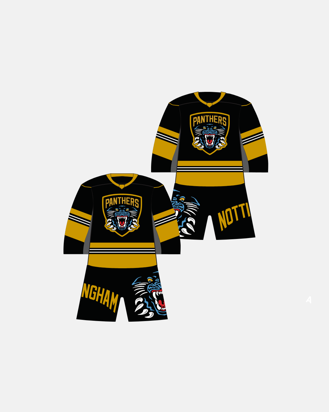 Illustration of two black Nottingham Panthers 26-27 Mini Car Jerseys by Panthersland with gold stripes and a roaring panther head logo on the chest, NOTTINGHAM on the shorts, and a side design featuring a roaring panther’s face.