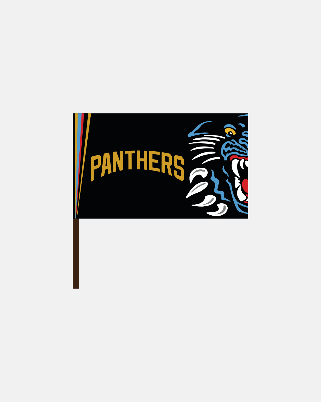 The Nottingham Panthers 26-27 Mini Team Flag by Panthersland features a black background, gold "PANTHERS" text, a snarling blue panther face on the right, and thin red, yellow, and blue stripes near the flagpole.