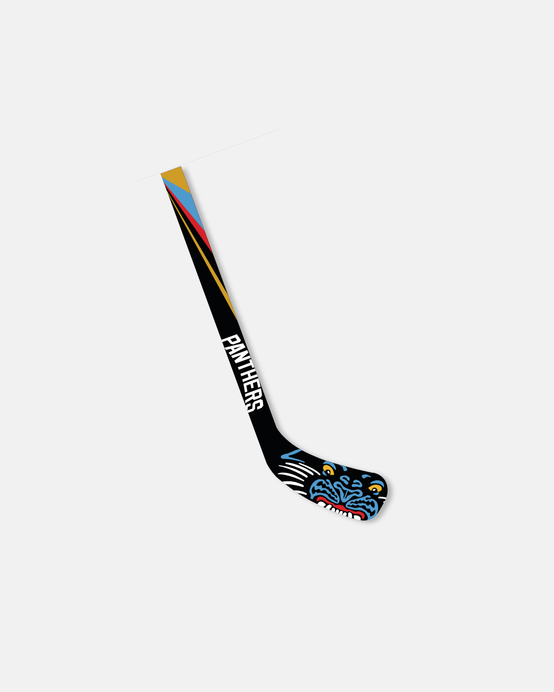 The Panthersland Nottingham Panthers 26-27 Mini Hockey Stick features a black shaft with white "PANTHERS" lettering, colorful stripes at the top, and a blue panther face graphic on the blade, shown against a plain white background.