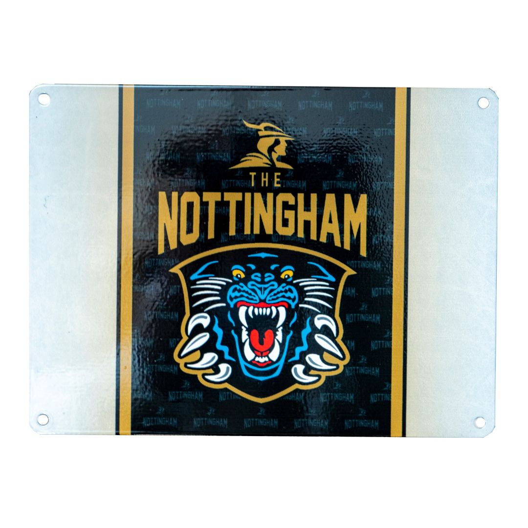 The Nottingham Panthers Logo Mini Metal Sign showcases bold “The Nottingham” text above a snarling black panther logo, with gold and black borders and a repeating Nottingham pattern in the background.
